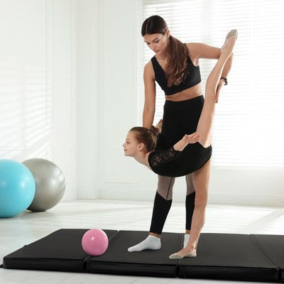 Gymax Folding Gymnastics Mat Thick Tumbling Mat with Carry Handles Outdoor PU Leather Exercise Mat Tumbling Stretching Yoga Black Secondary image