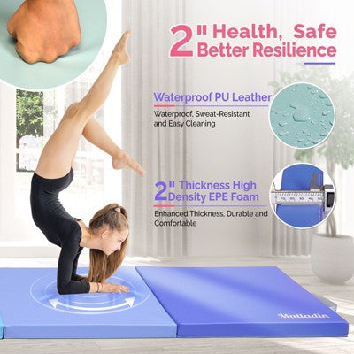 Matladin 8 FT Folding Gymnastics Gym Exercise Aerobics Mat, PU Leather Tumbling Mats for Stretching Yoga Cheerleading Martial Arts