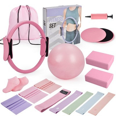 17-in-1 Pilates Kit, Pink Home Workout Set with Pilates Ball, Resistance Bands, Yoga Blocks & More, Complete Exercise Bands Resistance Bands Set