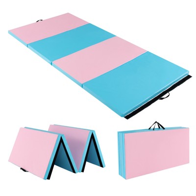 Gymax Folding Gymnastics Mat Thick Tumbling Mat with Carry Handles Outdoor PU Leather Exercise Mat Tumbling Stretching Yoga Black